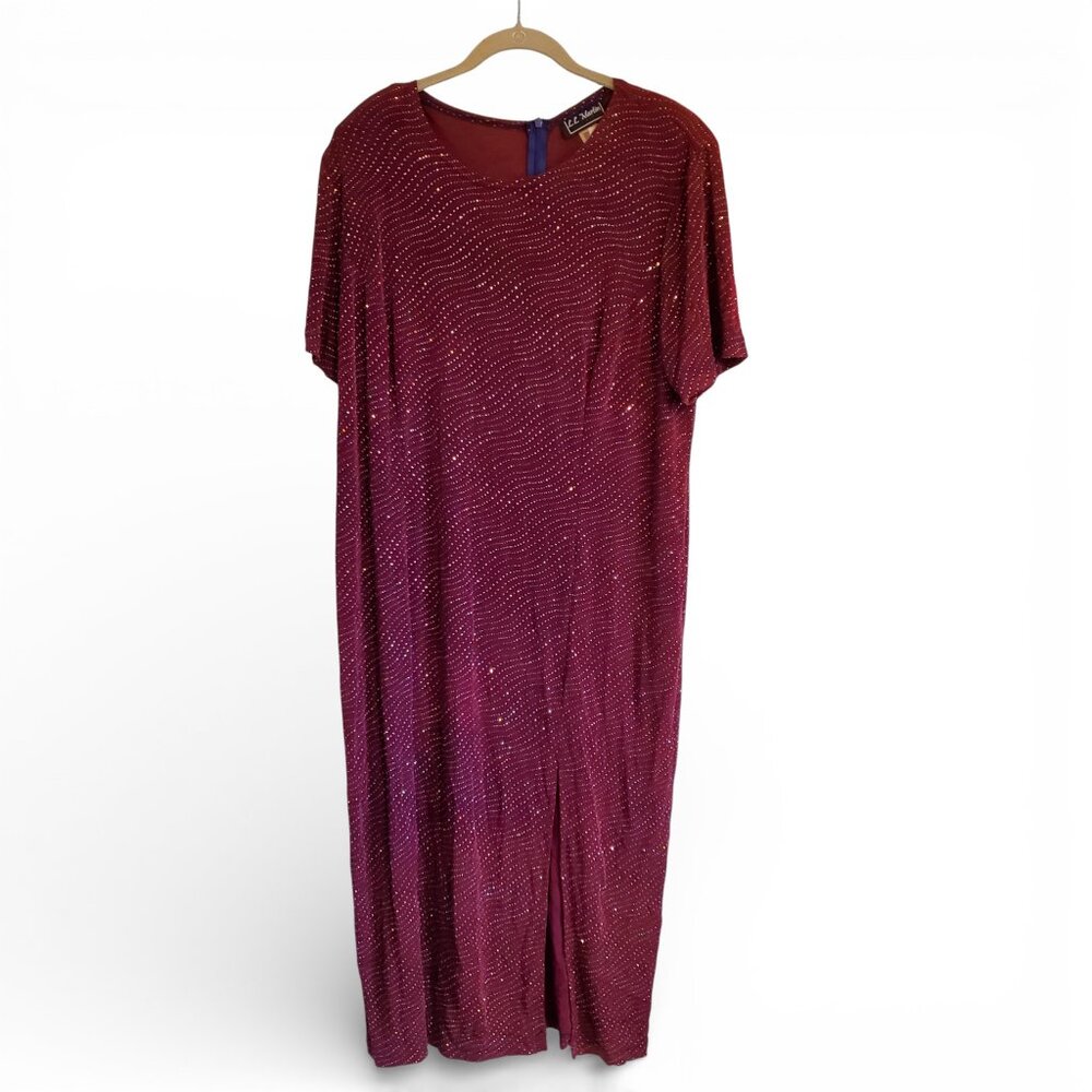 Vintage 80s 90s Red Sparkle Maxi Shift Dress Side Slit Glam